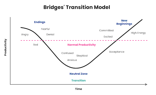 Bridges' Transition Model: a line chart showing productivity dipping through Endings (Angry, Fearful, Denial, Sad) and the Neutral Zone / Transition (Confused, Skeptical, Anxious, Acceptance) before recovering at New Beginnings (Committed, Excited, High Energy), relative to a Normal Productivity baseline.